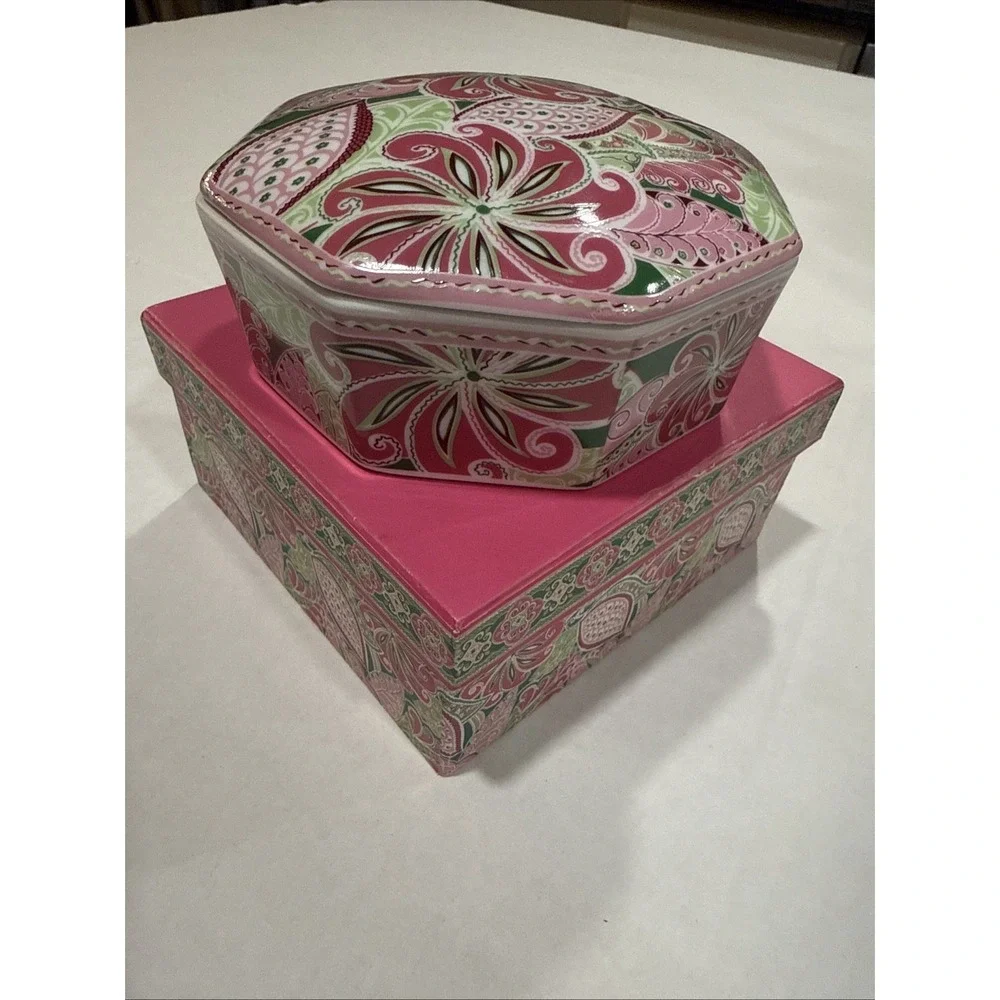 Vera Bradley Ceramic PINWHEEL PINK Trinket Box &Lid Andrea by Sadek